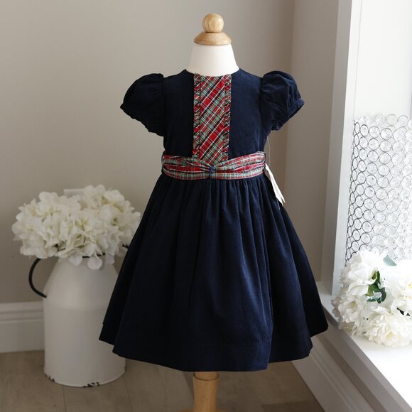 Navy 100% Cotton Corduroy Float Dress Wales Tartan Plaid Trim Bailey Boys NWT - Picture 6 of 6